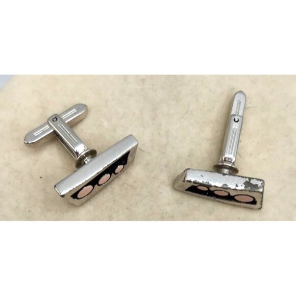 Vintage Retro Metal Cuff Links Black With Pink Polka Dots - Silver Tone - Picture 3 of 3